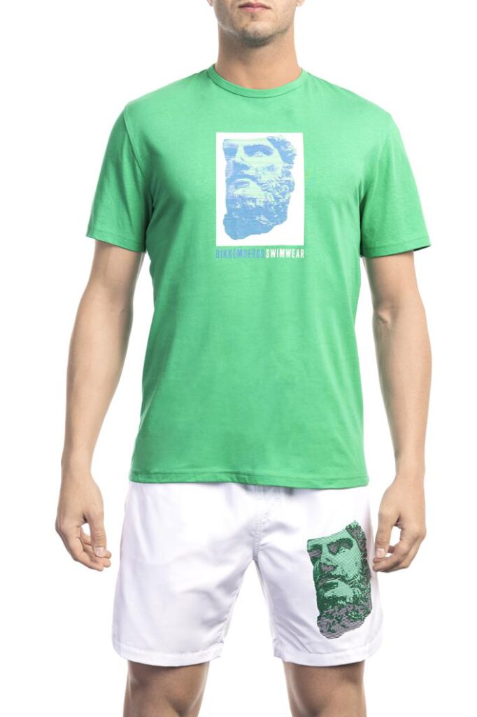 Men's green t-shirt and white shorts